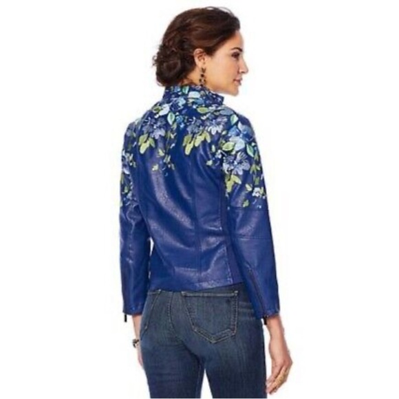 Colleen Lopez Jackets & Blazers - Colleen Lopez Terra Cotta Embroidered Floral Faux Leather Moto Jacket XS